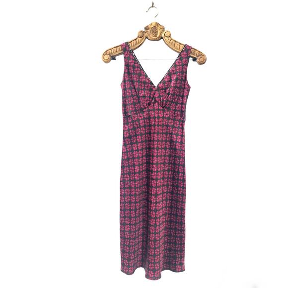 Betsey Johnson Vintage Dress Geometric Pink Black Silk Sequin V Neck Slip Midi S - Picture 1 of 8